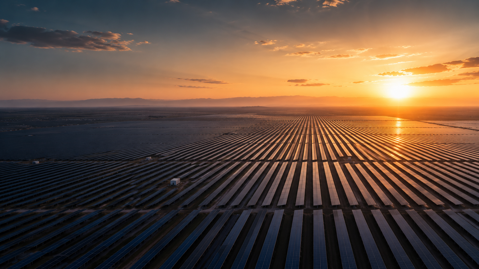 Utility-scale solar park at sunset